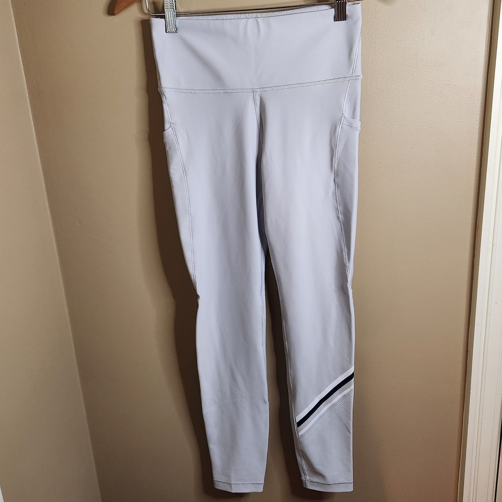 Athleta Interval Stash Diagonal Stripe 7/8 Tight Light Gray Leggings Small Tall